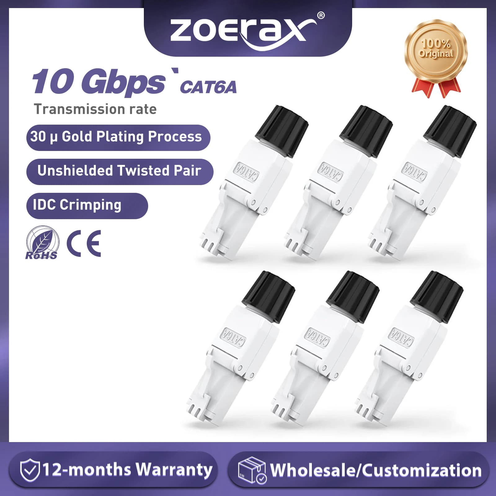 ZoeRax Cat6A Cat6 RJ45 Connector Tool-Free, UTP Cat 6a Field Termination Modular Plug for 23-26 AWG Unshielded Ethernet Cable