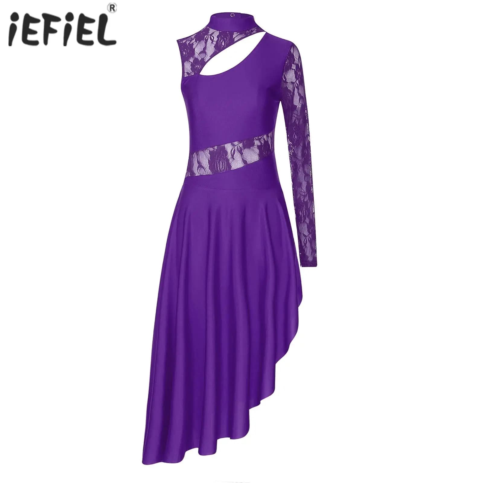 Womens Ballet Lyrical Dance Dress Sheer Lace Cutout Gymnastics Leotard Ballroom Dance Wear Modern Long Sleeve Side Split Dresses