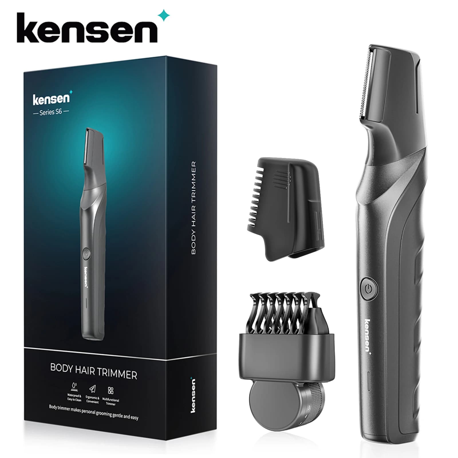 Kensen S6 Electric Body Hair Trimmer for Men Groomer Clipper IPX5 Waterproof Groin Pubic Hair Trimmer with 2 Attachments Barber
