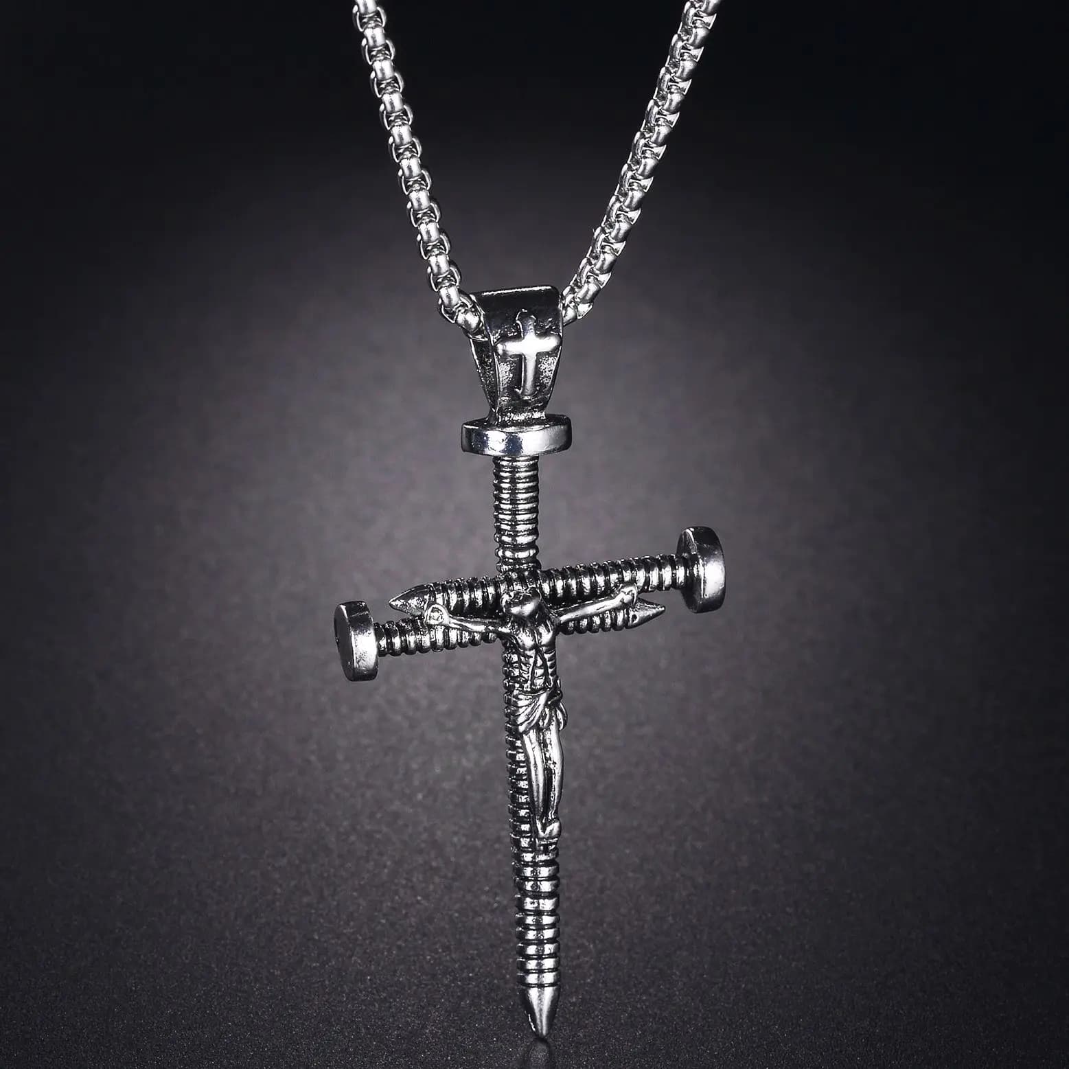 Hip-hop Vintage Screw Cross Pendant Necklace for Men Women Jesus Christ Necklaces Punk Street Jewelry Gift