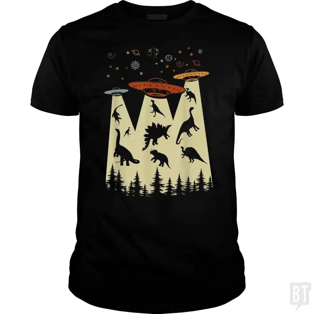 Vintage Dinosaur Alien Abduction Men T-shirt Summer Cotton Short Sleeve O-Neck Men's T-Shirt