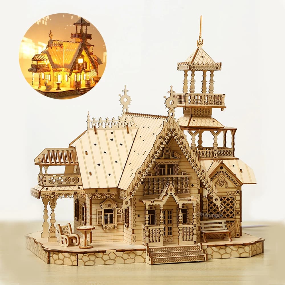 DIY Villa 3D Wooden Model Kit with Light Castle Puzzles Assembly Toy Kid Adult DIY Model Kits Desk Decoration for Gift