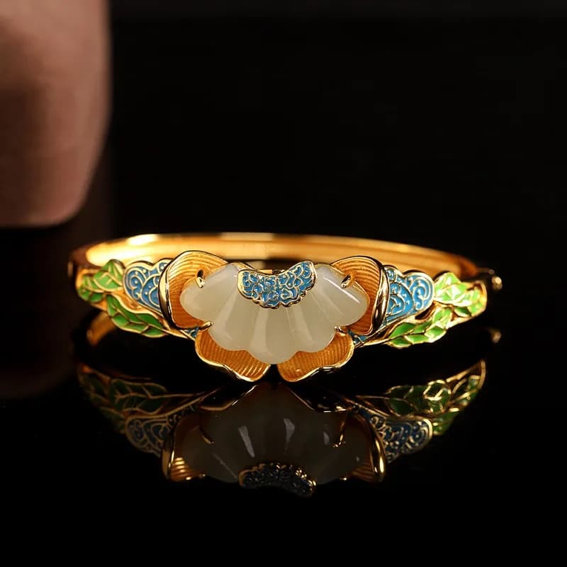 Color Enamel Porcelain Craftsmanship Inlaid Natural Hetian Jade Fan-shaped Bracelet for Women Classical Chinese Style Jewelry