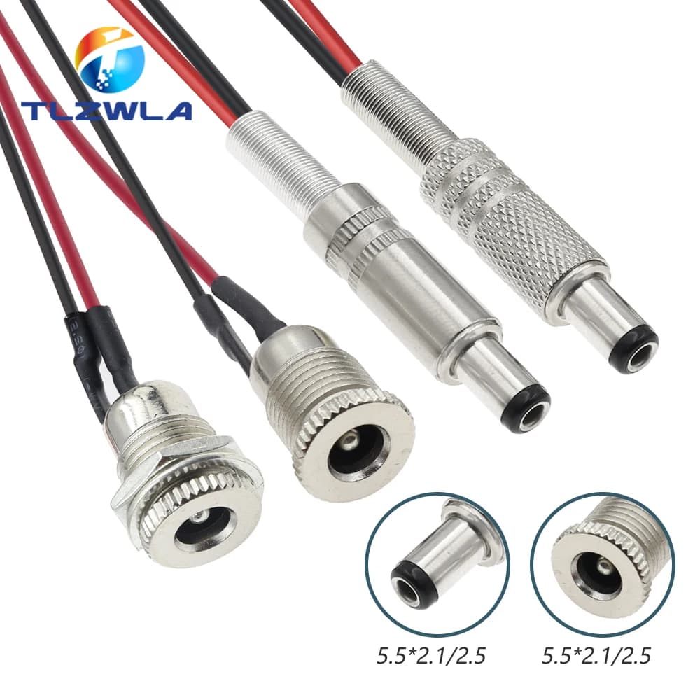 1PCS DC099 5.5 x 2.1mm 5.5 x 2.5mm DC Power Socket Threaded Female Connector Adapter With 20AWG Cable Wires DC-099 10CM 20CM