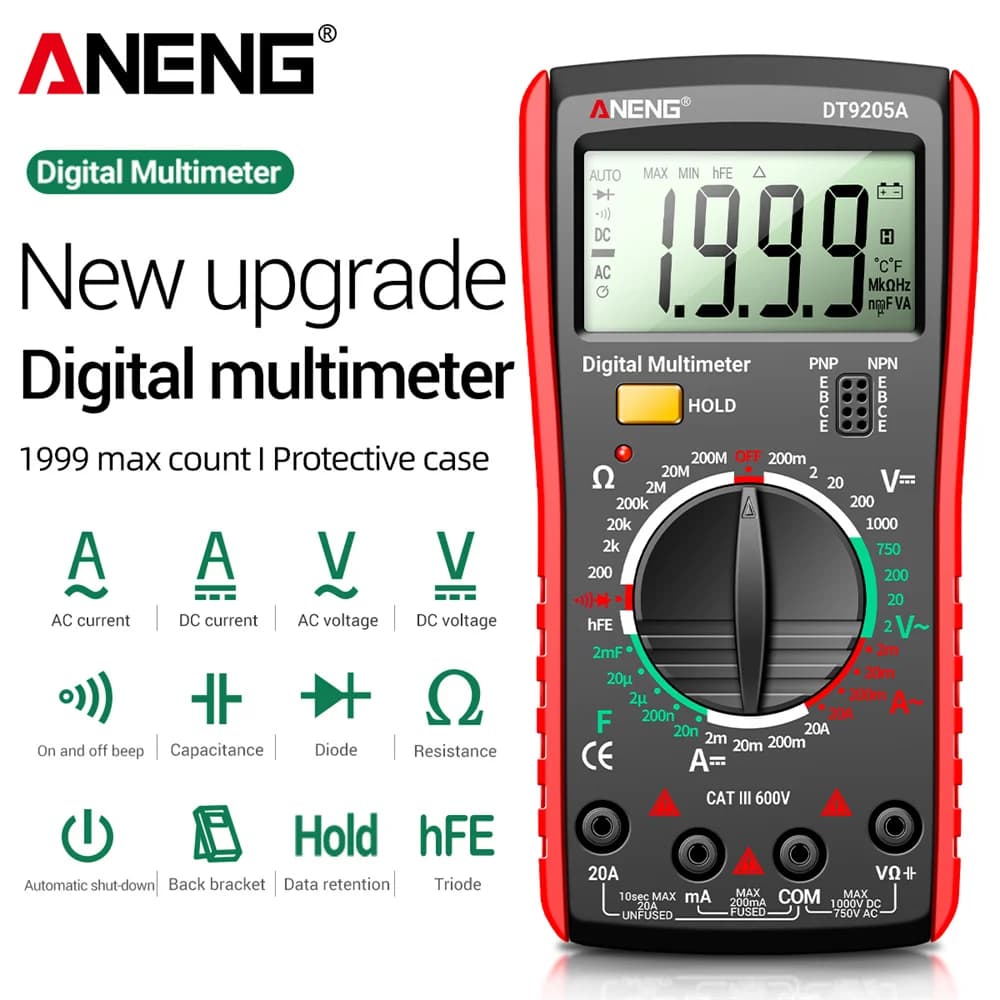 Newly ANENG DT9205A Digital True RMS Professional Multimeter AC/DC Current Tester hFE Ohm Capacitor Voltage Meter Detector Tool