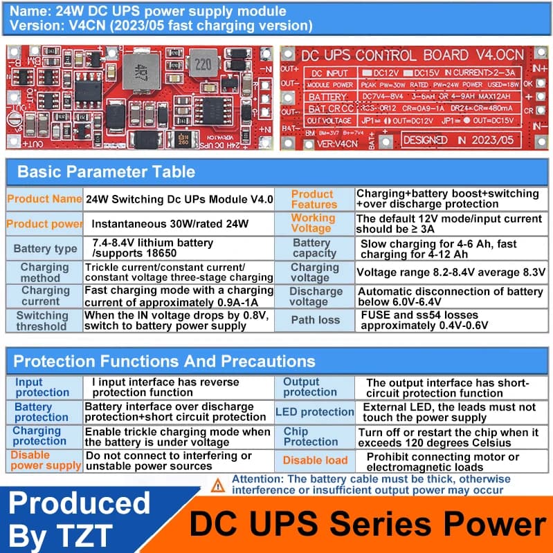 TZT DC 12V/15V 24W 1A UPS Power Supply Module Uninterruptible Power Control Board 2S V4.0CN Charging Step Up Protection Module