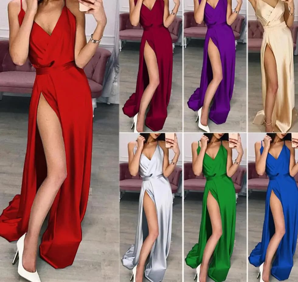 Summer New Sexy V-neck Camisole Slit Solid Color Slim Fit Dress For Women,7 Colors