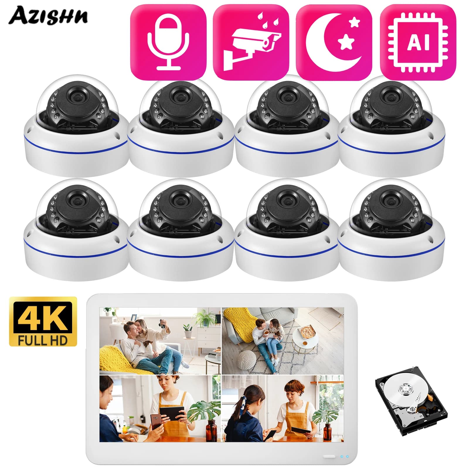 AZISHN Outdoor IP camera Face detection XMEye8CH 8MP POE security camera 11.6-inch LCD screen monitor NVR kit