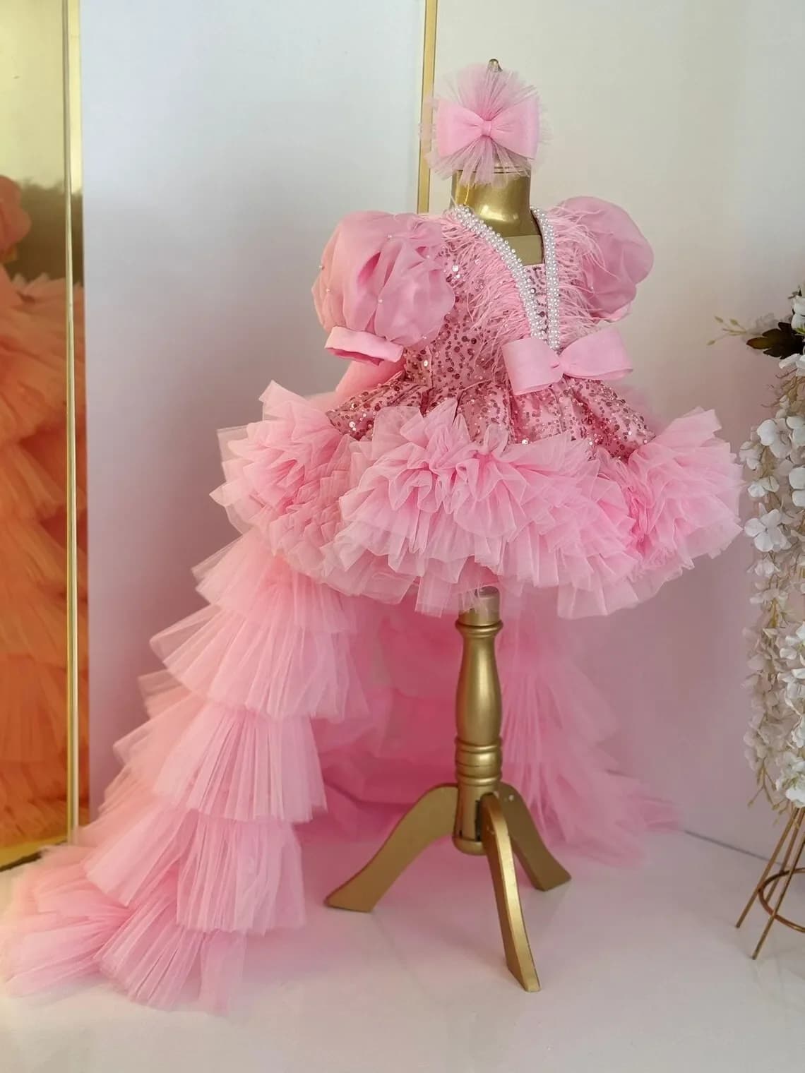 Pink Flower Girl Dress Wedding Birthday Princess Feather Tulle High-Low Pageant Dress Bow Sequins Formal Prom Gowns Customized