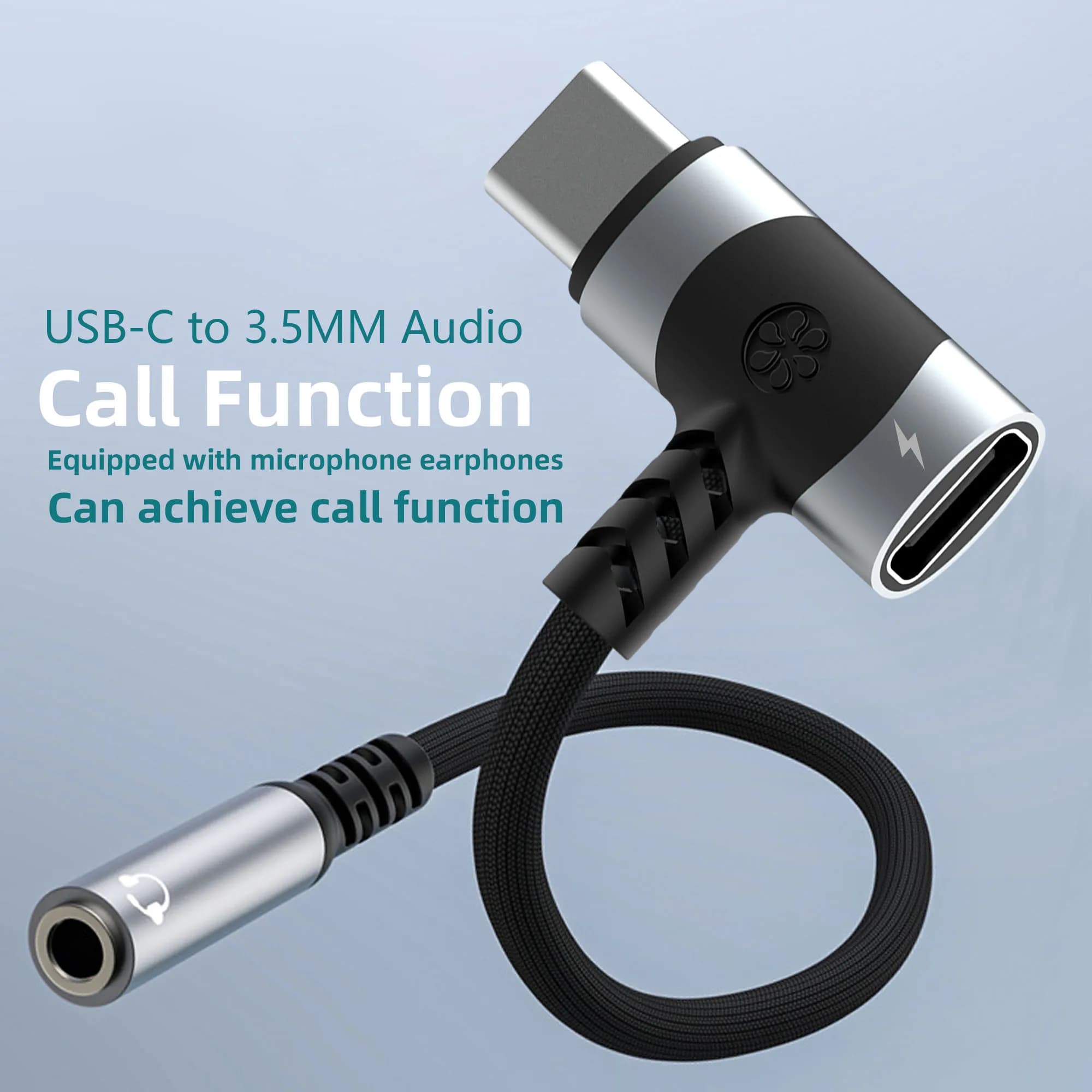 USB C to 3.5mm earphones and charger adapter 2-in-1 C-type to Aux microphone jack, with PD 100W fast charging encryption dongle.