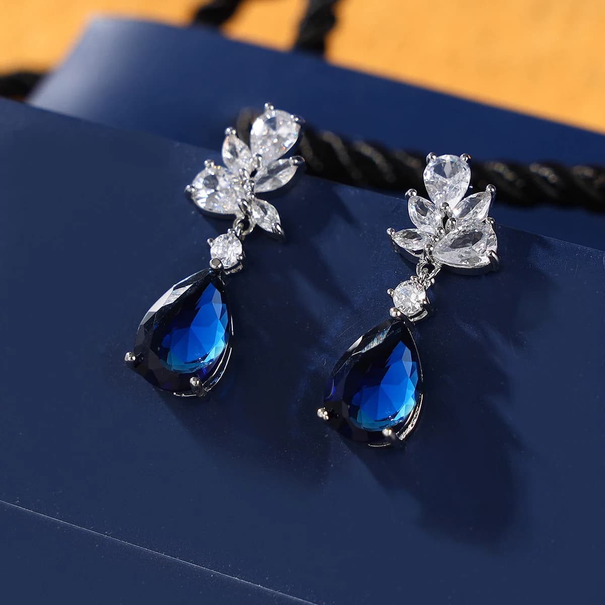 Elegant Sapphire Blue Cubic Teardrop Earrings for Wedding Parties