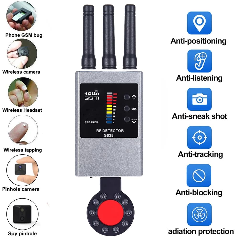 Wireless RF Signal Detector Bug GSM Audio GPS Tracker Mini Camera Finder Camera IR Scanning AI Standby Automatic Detection G638W