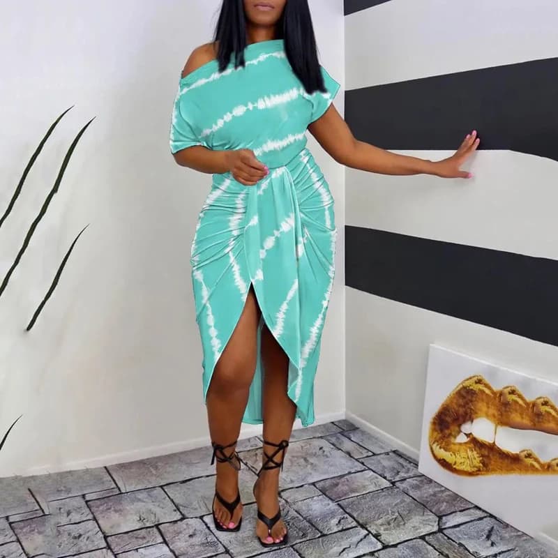 Casual Retro Waistband Woman's Dress Striped Printed Short Sleeve Dress Summer Elegant Sexy Irregular Oblique Collar Wrap Dress