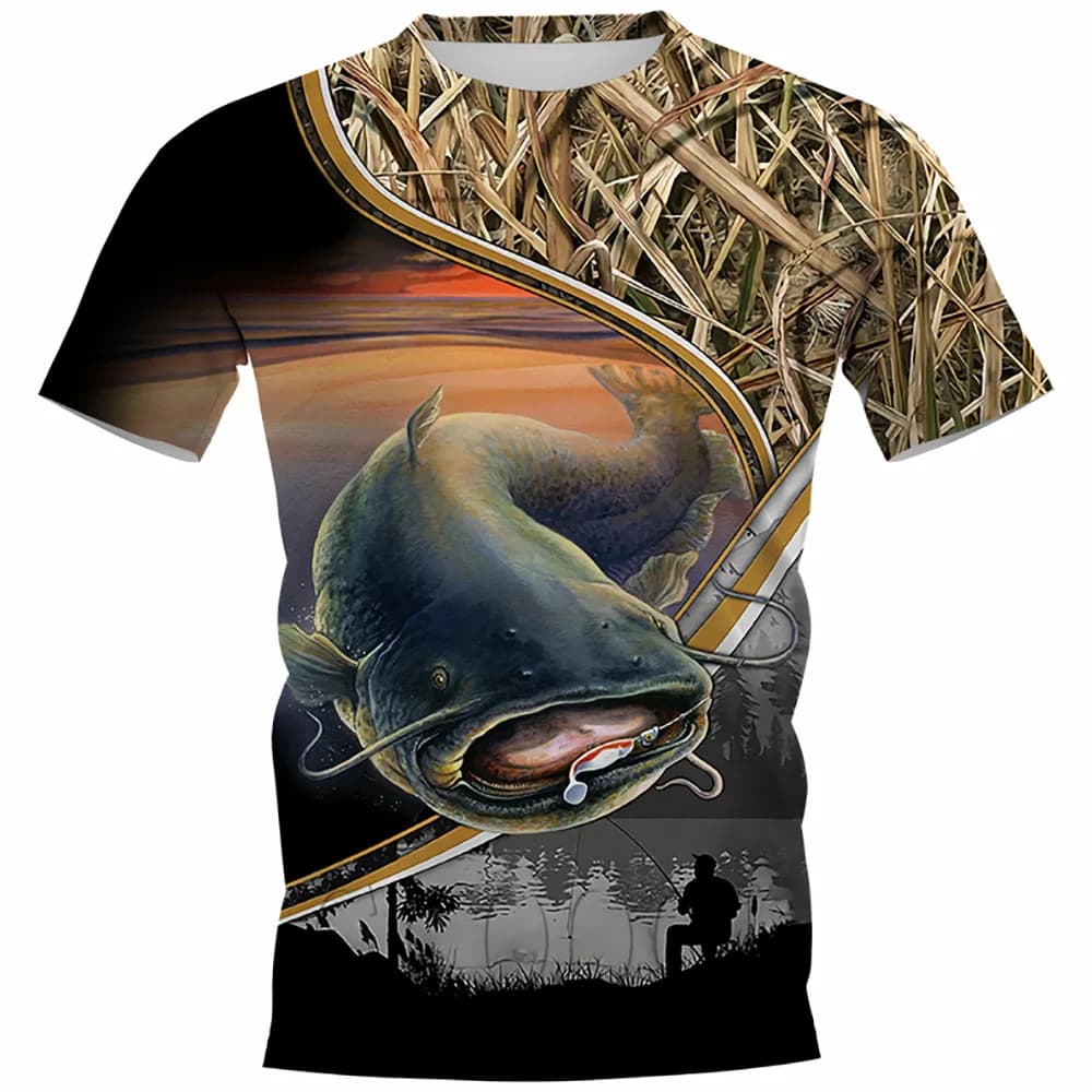 Summer Carp Fishing Print T-shirts For Men Outdoor Catfish Printing Loose Short Sleeve Quick Drying Tee Shirt Casual Street Top