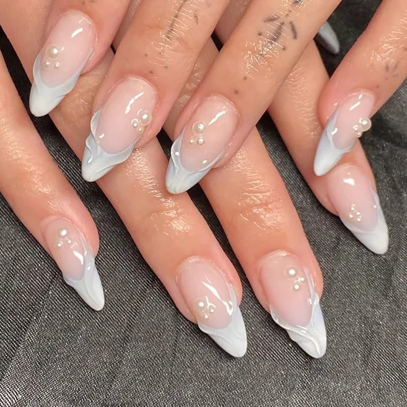 24pcs French False Nails Aurora Mermaid Shell Pearl Decor Fake Nails Wearable Detachabe Sweet Korean Style Almond Press on Nails