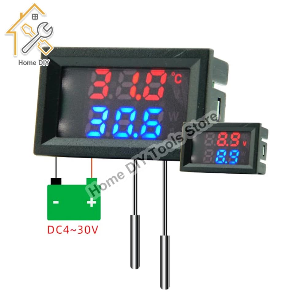 DC4-30V Voltmeter Thermometer 2in1 Dual LED Digital Display Single Voltage Meter Temperature Sensor Tester With NTC Probe Cable