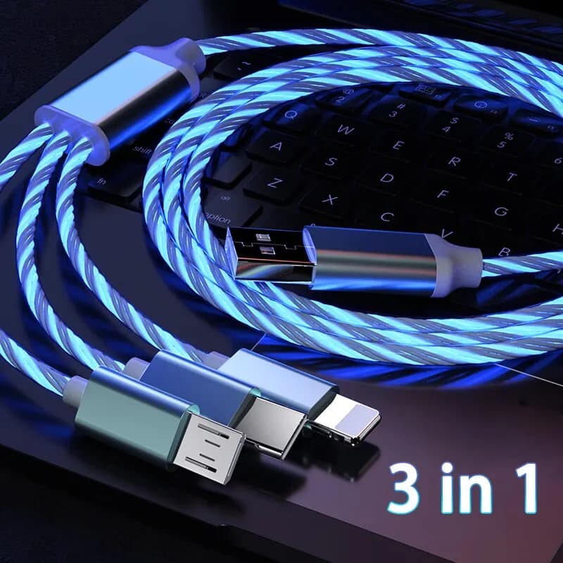 3 in 1 3A Fast Charging Glowing LED Light Micro USB Type C Cable For iPhone Samsung Xiaomi Redmi Phone Charger USB Cable