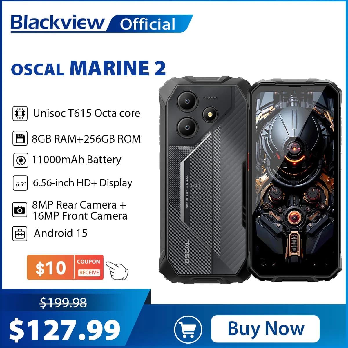 Blackview OSCAL Marine 2 Rugged Smartphone AI, 6.56'' HD+ Display, Unisoc T615, 24(8+16)GB 256GB, 11000mAh, Android 15 Phone NFC