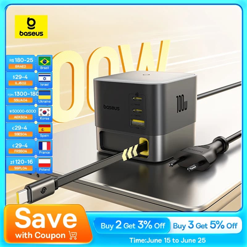 【New Sale】 Baseus 100W Desktop Charger For Tablet Laptop Fast Charger Retractable USB C Phone Charger For iPhone Samsung Macbook