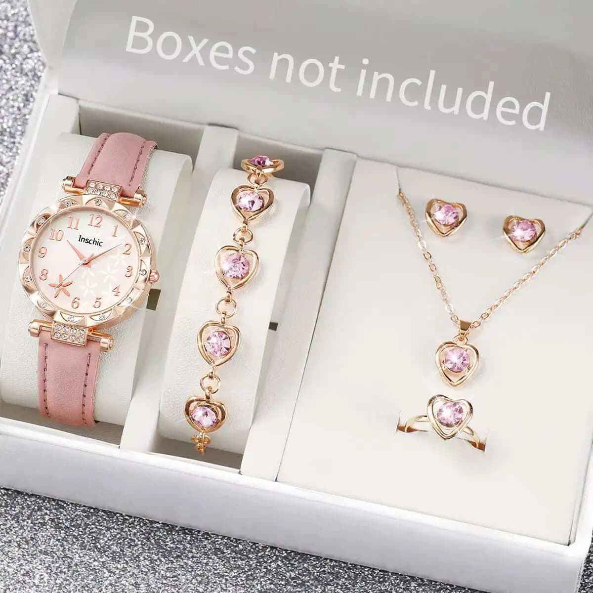 6PCS/Set Fashion Flowers Dial Women's Quartz Watch Leather Band Watches Rhinestone Jewelry Set(Without Box)