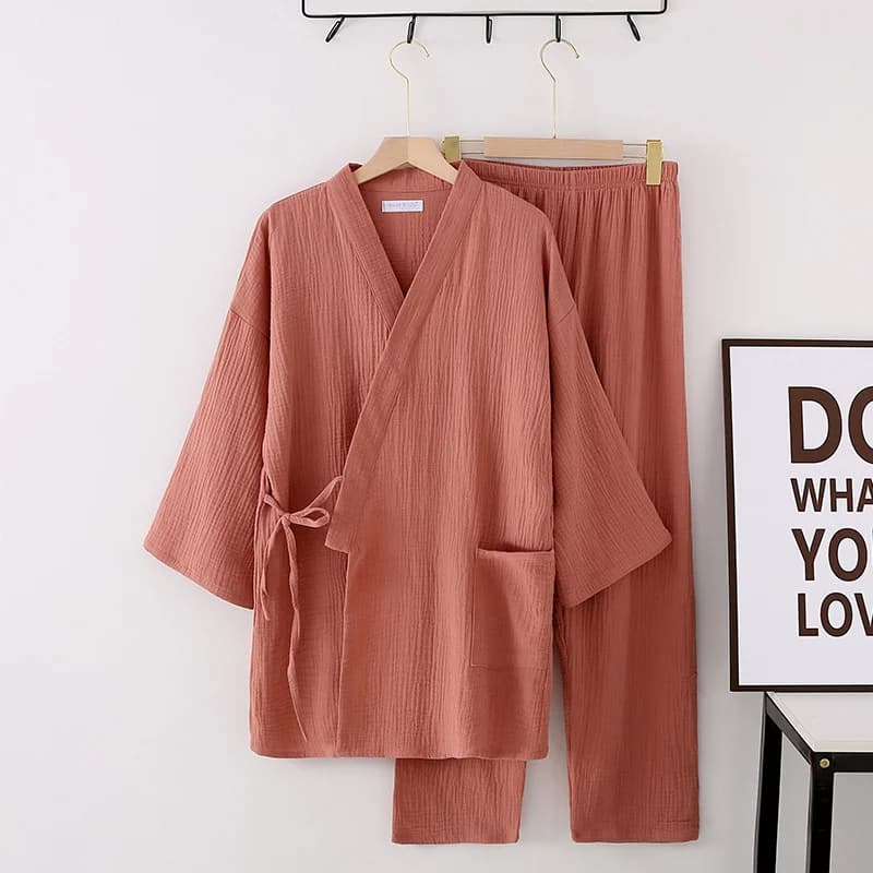 Japanese kimono suit lovers 100% cotton crepe pajamas long sleeved trousers two-piece kimono suit for men and women sleepwear