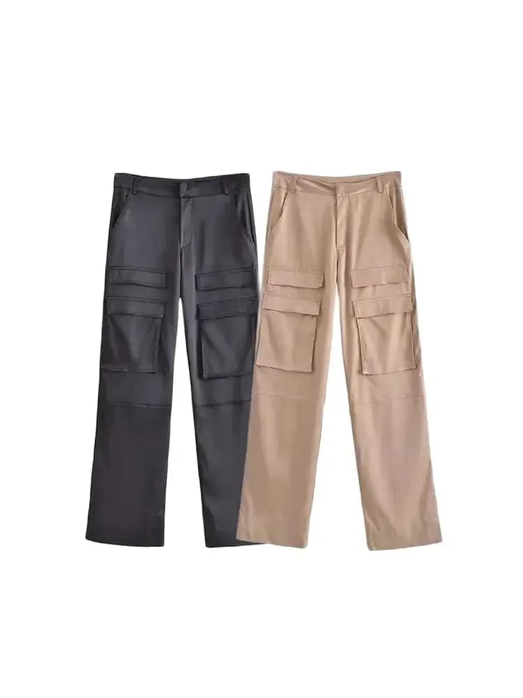 TRZA Women Fashion With Pockets Satin Cargo Pants Vintage High Waist Zipper Fly Female Trousers Mujer