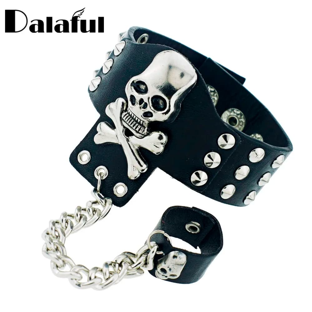 Gothic Skeleton Skull Chain Link Rock Rivet Cuff Black Leather Punk Unisex Fashion Bangle Bracelet S054