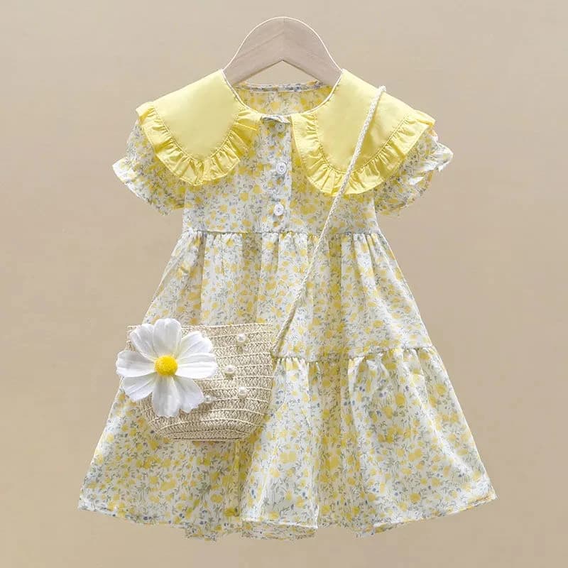 Baby Girls Dress Kids Summer Cute Flowers Dress+Inclined Shoulder Bag 1-8 Years Old Children Fashion Doll Collar Princess Dress