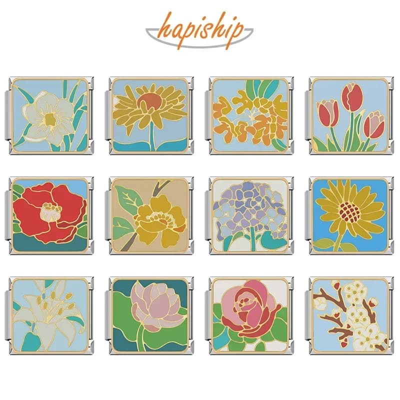 Hapiship 2024 Fashion Pretty Sweet Colour Flower Charm Italian Links Fit 9mm Stainless Steel Bracelet Making DIY Jewelry DJ1137