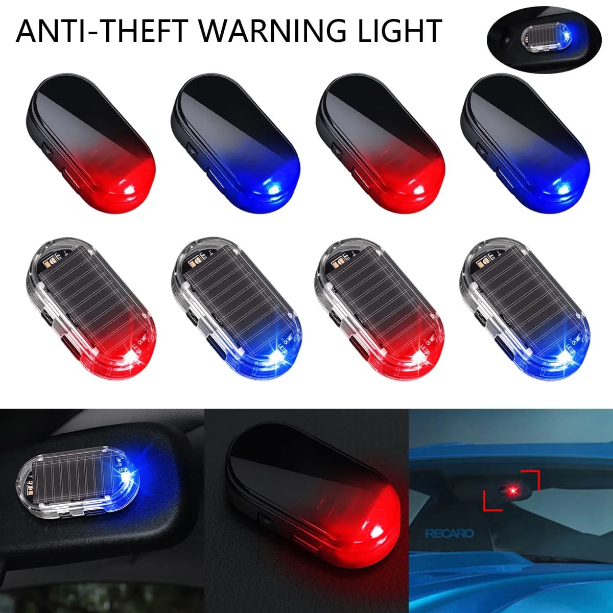2PCS Solar Powered Car Fake Security Light Blue/Red Simulated Wireless Warning Lights Anti-Theft Alarm Flashing Signal Lamp
