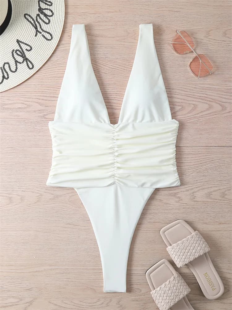 One Piece Swimsuit Women Solid Swimwear 2025 New Deep V-neck Ruched Bathing Suit Monokini Bodysuit Sexy Summer Beach Female Wear