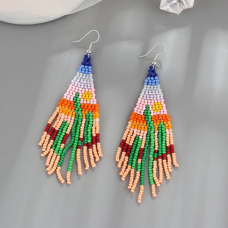 Rice Bead Earrings Hand Beaded weave cactus new pattern fashion Bohemia geometry alloy ma'am Tassel Earrings