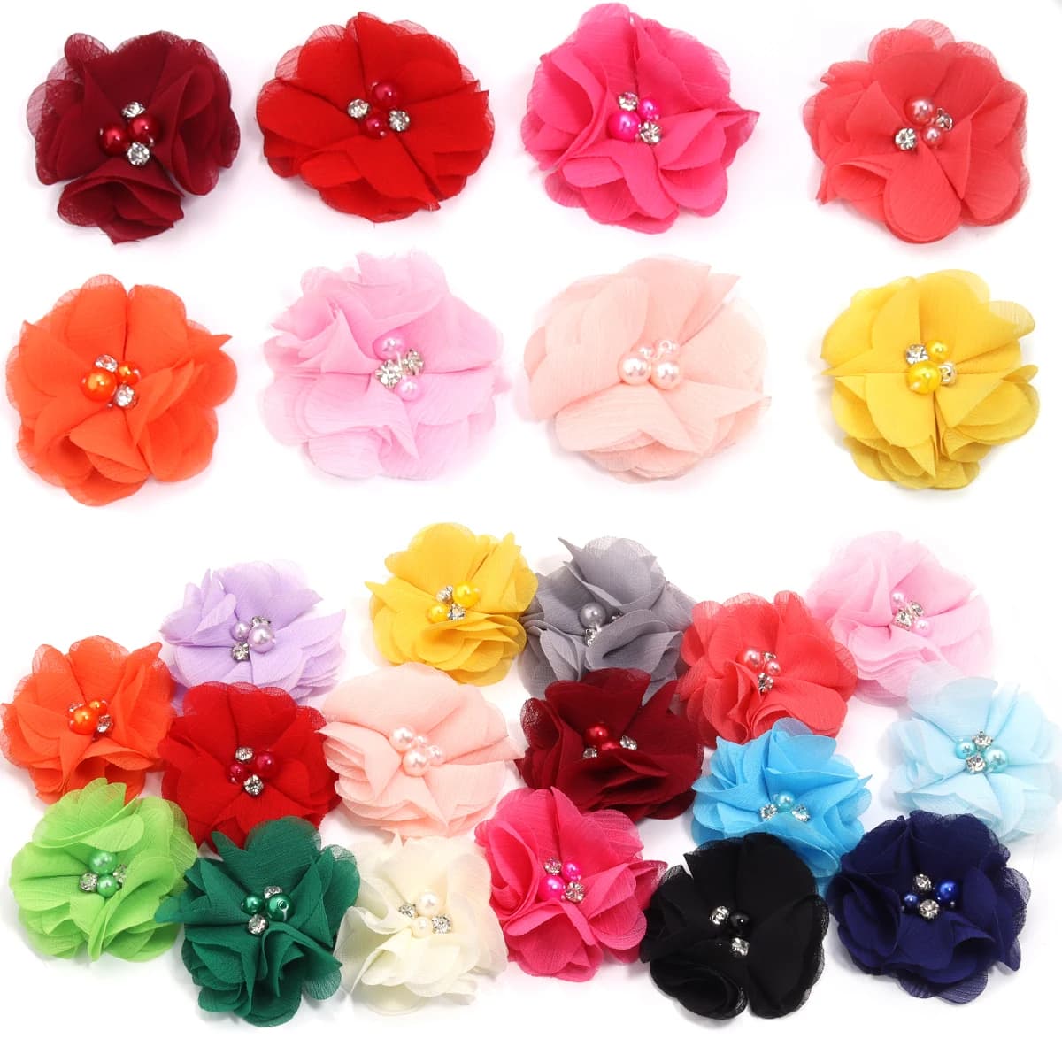 4Pcs/Lot 6cm Chiffon Fabric Flowers Artificial Flower With Rhinestone Imitation Pearl For DIY Sewing Crafts Clothing Accesso