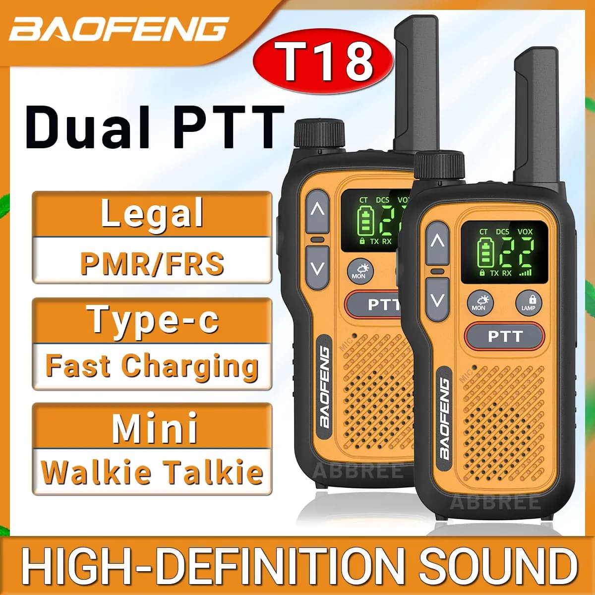 2PCS Baofeng BF-T18 Mini Walkie Talkie Long Range PMR FRS Dual PTT NOAA VOX FM Two Way Radio Type-C Charger For Travel Camping