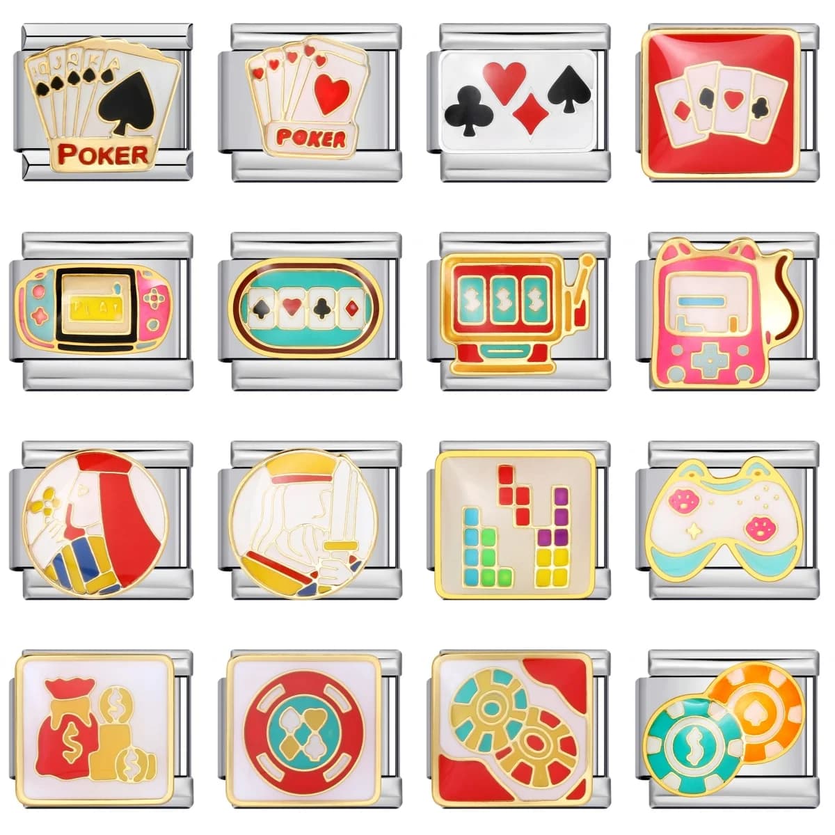 Y2k Colorful Poker Board Games Console Chip Tetris Italian Charm Links Fit 9mm Stainless Steel Bracelet Fashion Making Beads