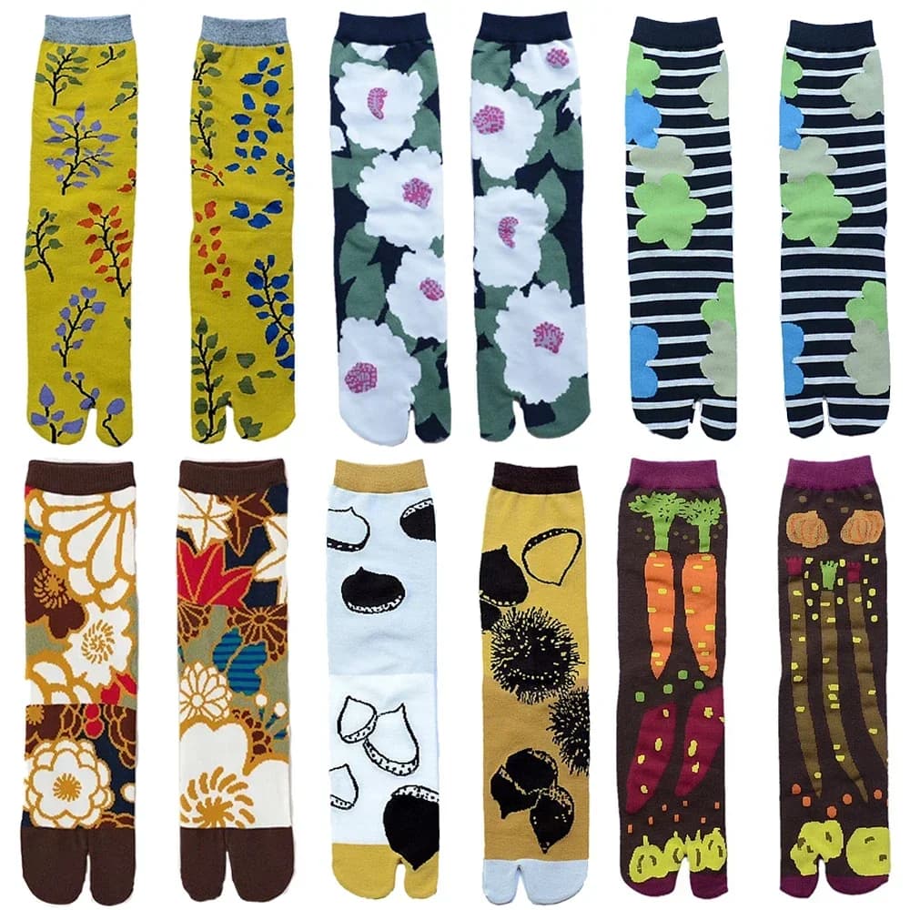 Colorful Cartoon Combed Cotton Women's Two Toe Socks Grapes Waves Carp Japanese Harajuku Funny Cute Sandals Tabi Socks Sokken