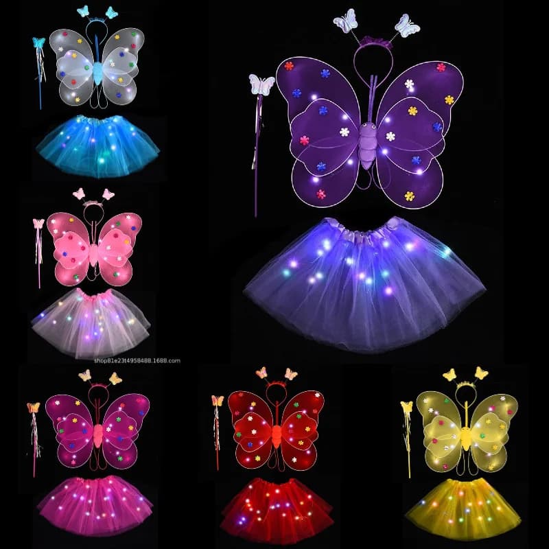 1set Glowing Kids Butterflies Fairy Wing Costume Set Stage Wear Girls Butterfly Wings Wand Headband Children's Day Gift