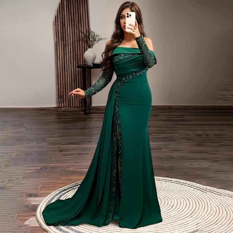 Customized Elegant Green Satin Mermaid Prom Dress Sequins Sleeves Side Split Evening Dresses Floor Length Formal Prom Gown