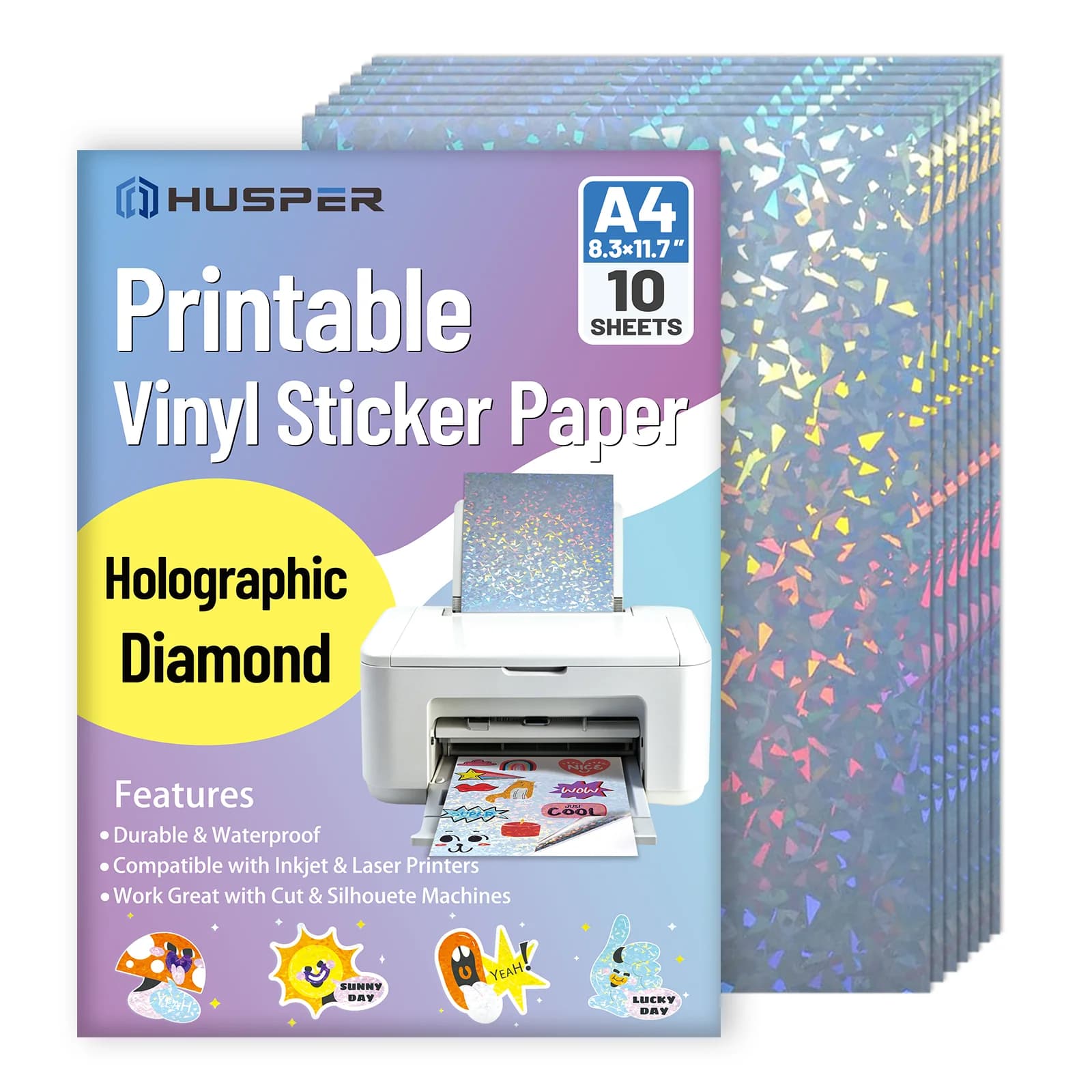 10 Sheets Diamond Printable Vinyl Sticker Paper - A4(8.3×11.7 Inch), Waterproof & Self-Adhesive, Inkjet Printable Paper