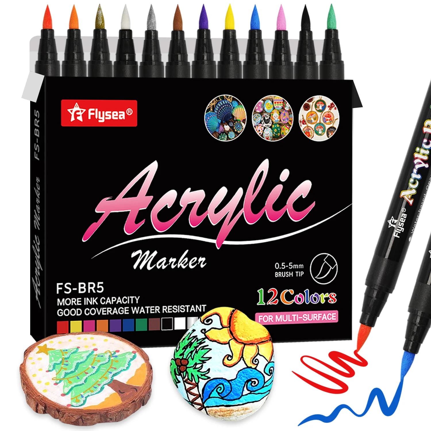 12 Colors Brush Tip Acrylic Paint Pens, Paint Markers for Lettering and Creative Painting, Rocks, Mugs, Ceramic, Glass