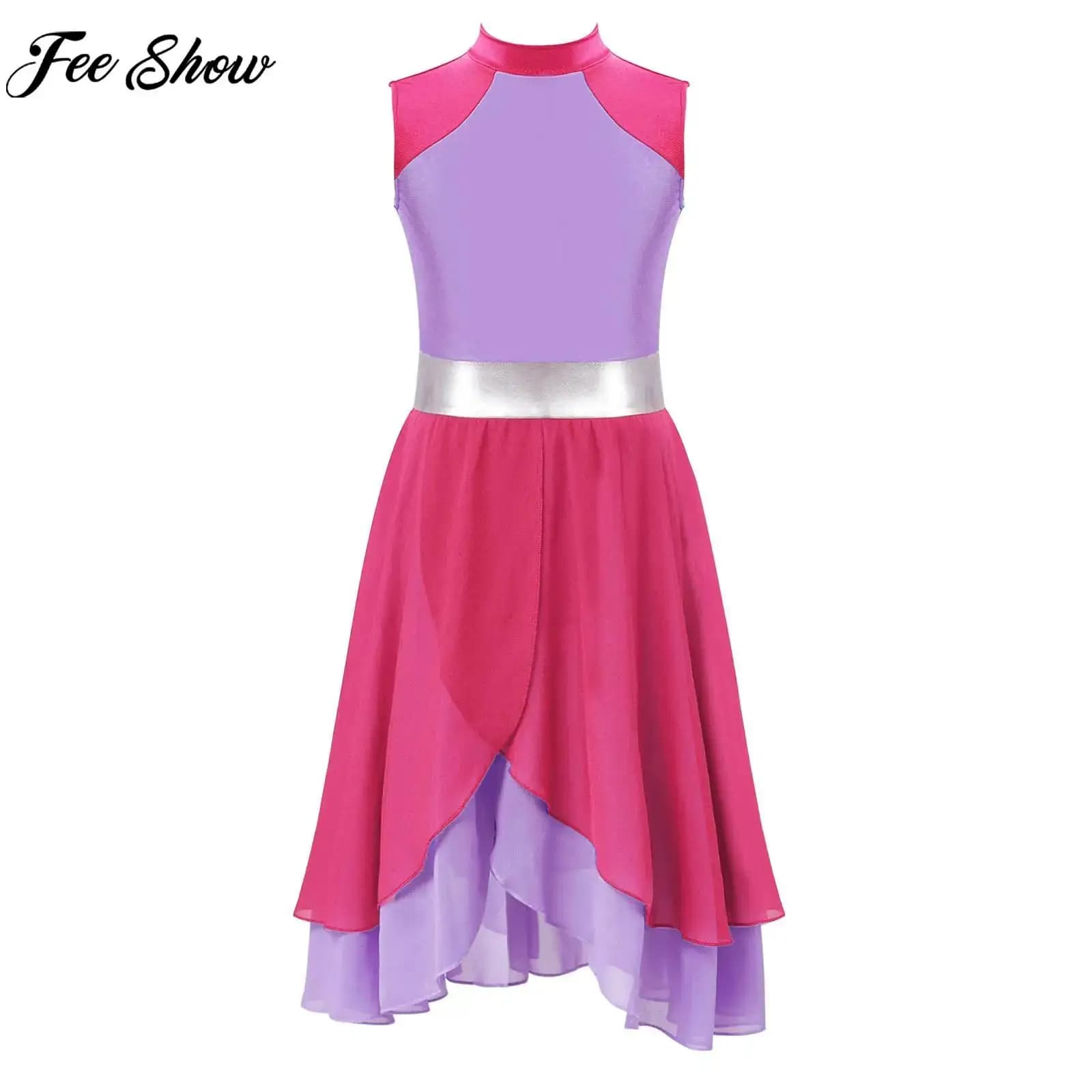 6-16Y Girls Church Praise Choir Costume Ballroom Lyrical Dance Dress Sleeveless Color Block Tiered Stage Performance Dancewear