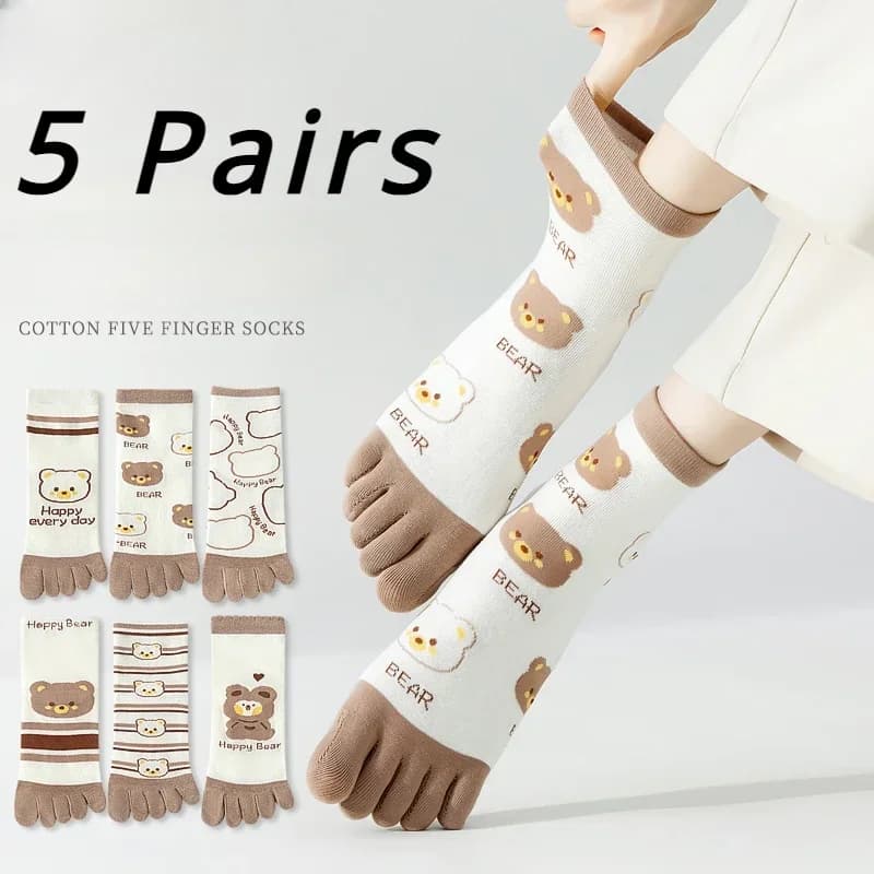 5 Pairs Five Finger Socks Women Yoga Pilates Cotton Toe Socks with Separate Fingers Cartoon Bear Cute Kawaii Socks