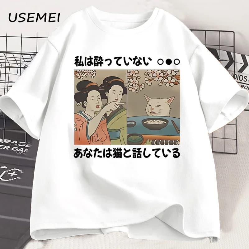 Japanese Style Cartoon Cat T-Shirts Summer Harajuku Kawaii Cat Printed Short Sleeve Tees Harajuku Y2K Tops Vintage Streetwear
