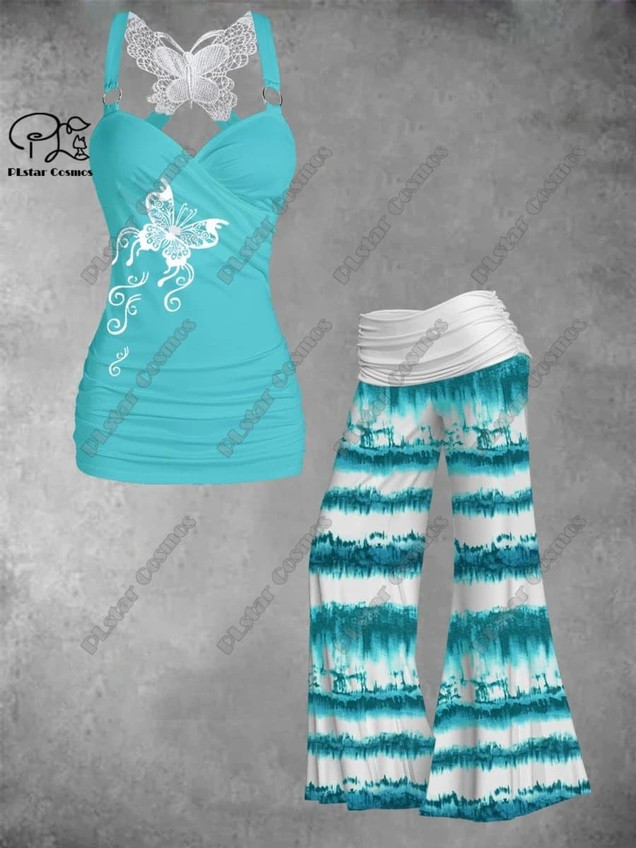PLstar Cosmos new 3D printed women's retro butterfly casual element butterfly vest + wide leg pants two-piece set H-3