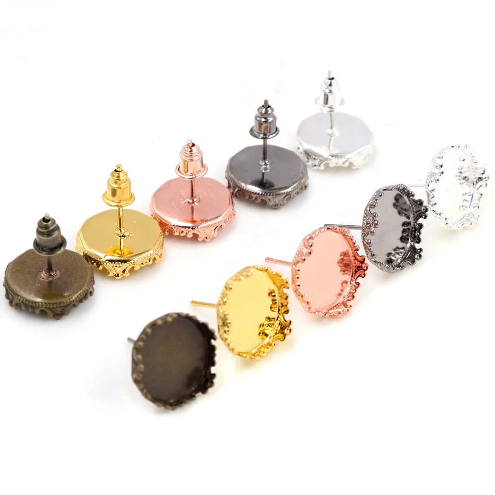12mm 10pcs/Lot 5 Fashion Colors Plated Earring Studs,Earrings Blank/Base,Fit 12mm Glass Cabochons,Buttons;Earring Bezels