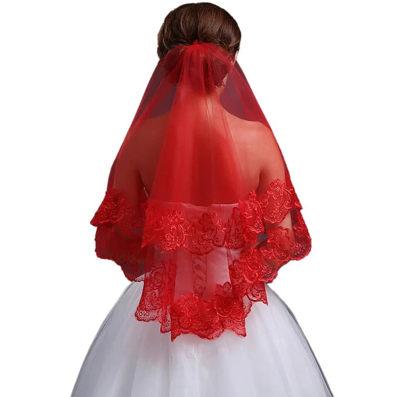 Classic Red Bridal Wedding Simple Long Lace Veil Headpiece for Women