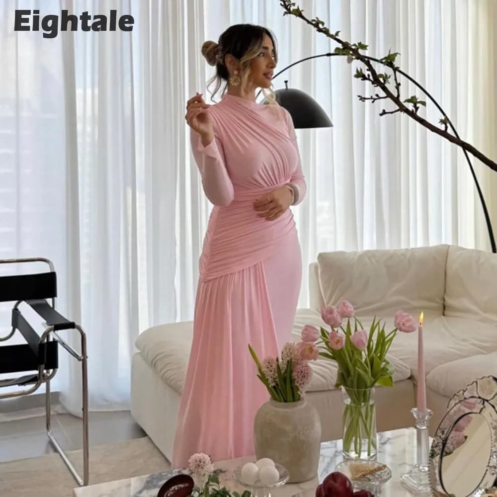 Eightale Arabic Evening Dress Pink Chiffon O-Neck Pleat Long Sleeves Customized Prom Gown Muslim Party Dress robe de soiree