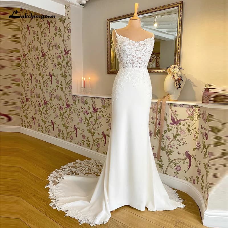 Lakshmigown Boho Mermaid Wedding Dress For Women Sexy Scoop Neck Spaghetti Straps Backless Customized Lace Appliques Bride Gown