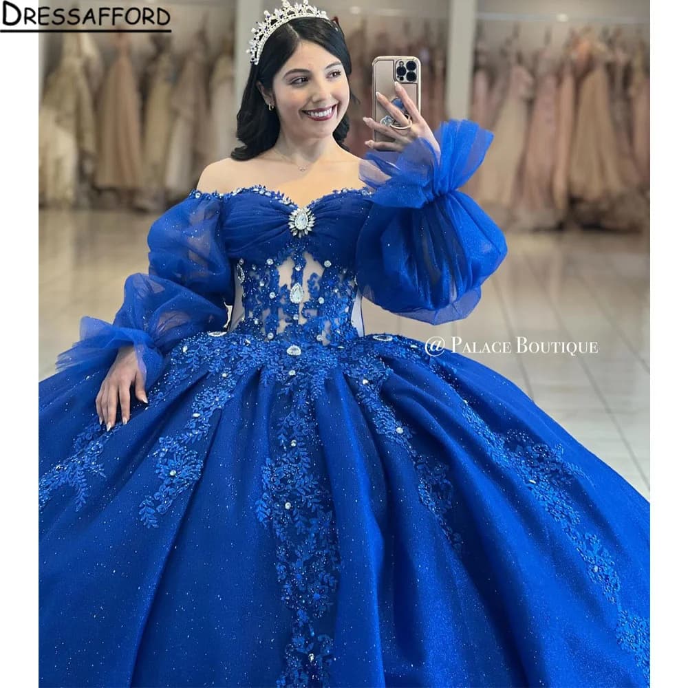 Royal Blue Quinceanera Dresses Long Sleeves Crystal Sequined Ball Gown Off The Shoulder 3D Flowers Tull Corset Vestidos Para XV
