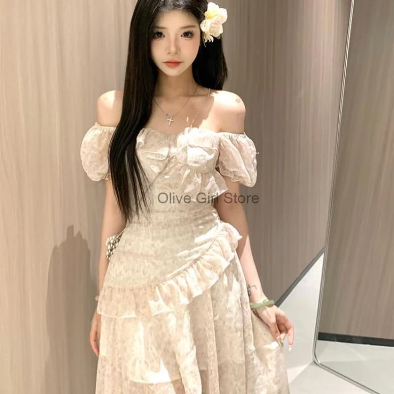 Bubble Sleeved Dress Women Clothing Streetwear Chiffon Women's White Dress Printed Patchwork Mesh Irregular Long Dress 2024